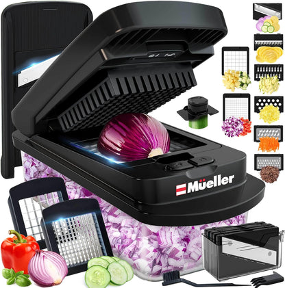 Mueller Pro-Series 10-in-1, 8 Blade Vegetable Chopper, Onion Mincer, Cutter, Dicer, Egg Slicer with Container, French Fry Cutter Potato Slicer, Home Essentials, Salad Chopper White Sand/Green