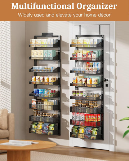 POKIPO Over the Door Pantry Organizer 8-Tier, Large Metal Door Spice Rack with Adjustable Basket, 2 in 1 Wall Mount or Hanging Heavy-Duty Pantry Door Storage Shelf for Kitchen and Bathroom, White