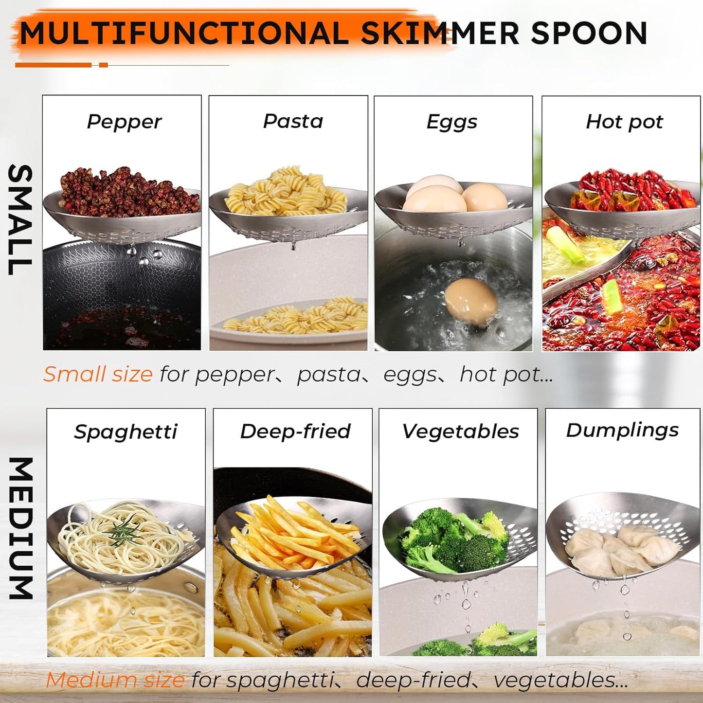 MARTE Skimmer Slotted Spoon Set of 4 - Kitchen Pasta Strainer Spoon - Spider Strainer Skimmer Ladle Spoon with Holder for Cooking and Frying Food, Spaghetti, Vegetable, Dumpling - 14.8In,16.5In,17In