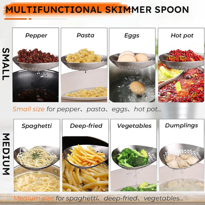 MARTE Skimmer Slotted Spoon Set of 4 - Kitchen Pasta Strainer Spoon - Spider Strainer Skimmer Ladle Spoon with Holder for Cooking and Frying Food, Spaghetti, Vegetable, Dumpling - 14.8In,16.5In,17In