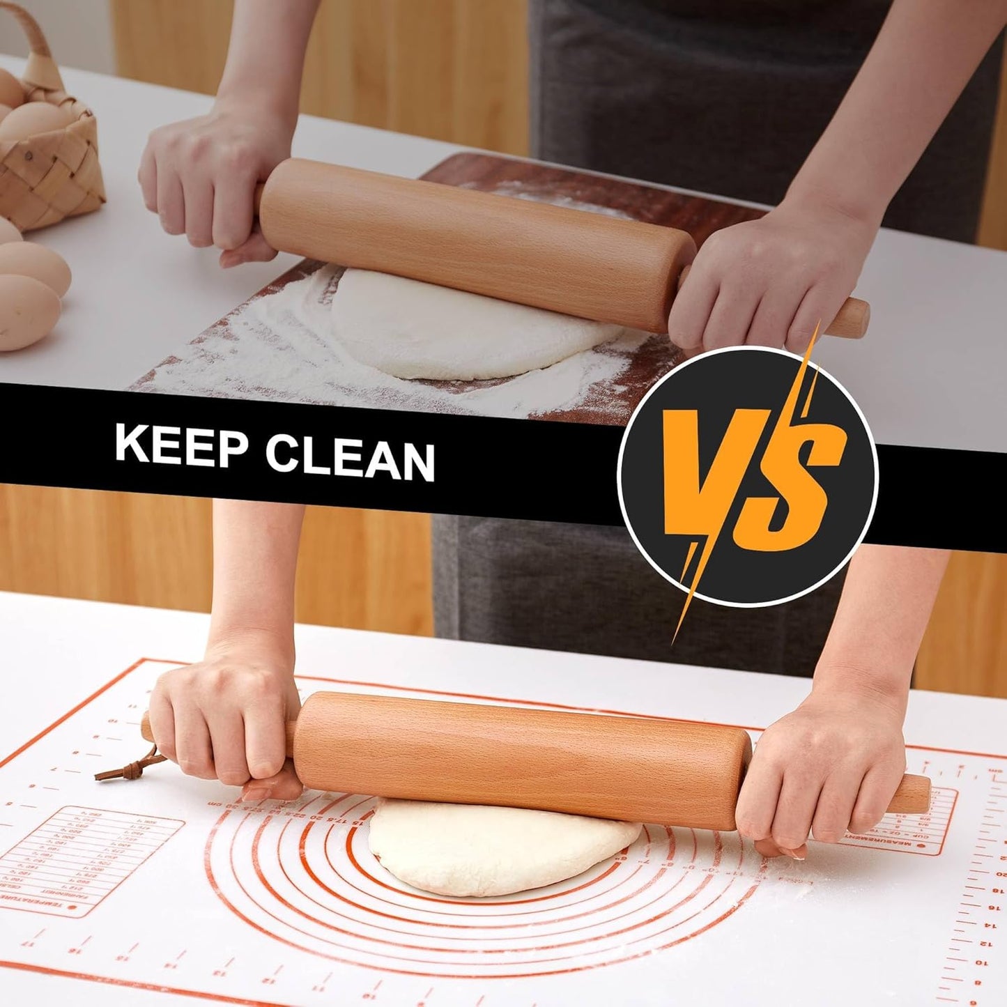 Classic Wood Rolling Pin - Wooden Rolling Pins for Baking Silicone Mat Set, Dough Roller with Wood Base, Fondant Roller for Pie Crust Cookies Pizza Dough and Bread, 17 Inch