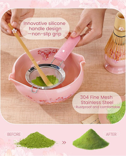 Matcha Whisk Set, 6pcs Matcha Kit Includes Large Matcha Bowl, Bamboo Whisk & Scoop with Cute Charm, Chasen Holder, Innovative Sifter, Tea Mat for Japanese Tea Ceremony-Floral Pattern