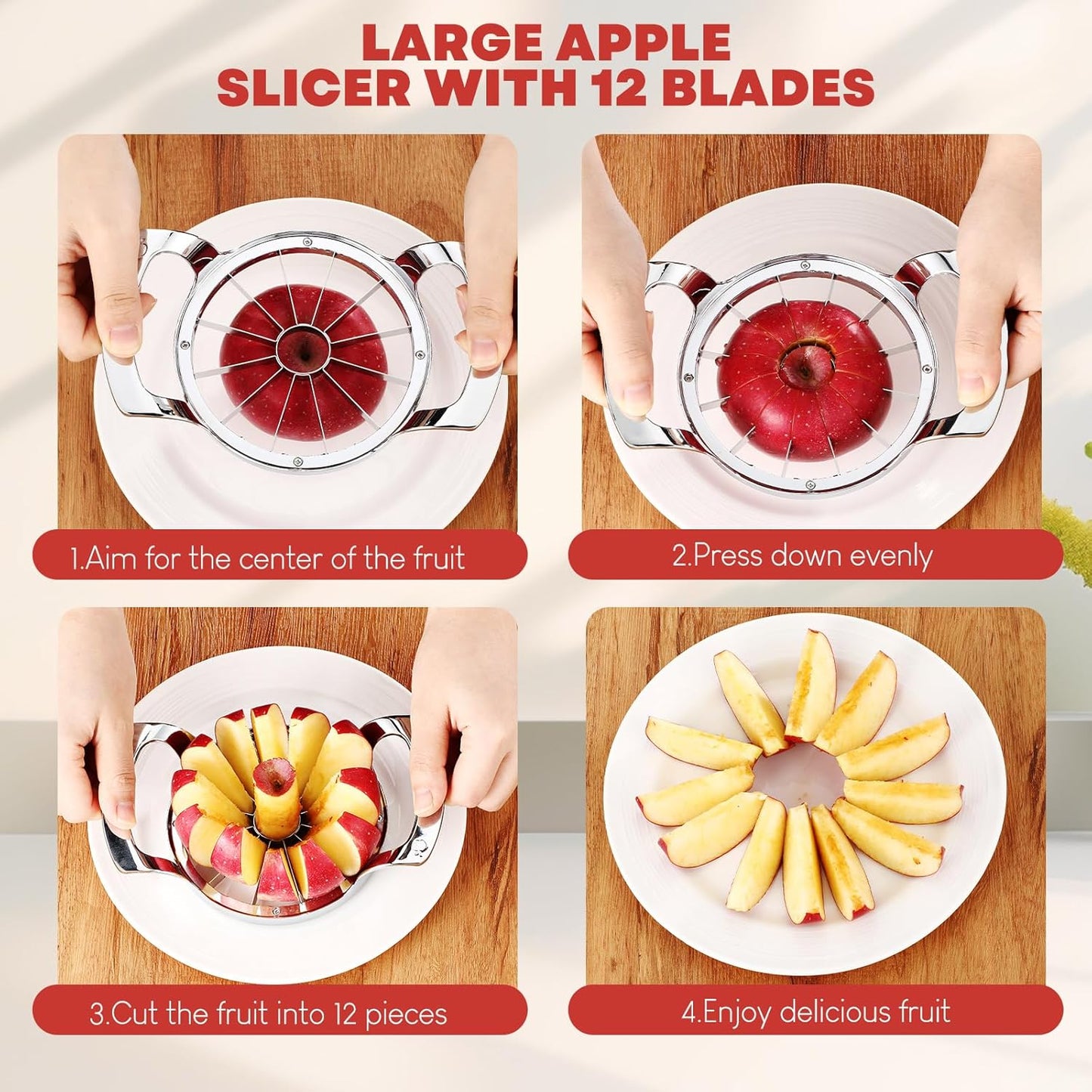 Lasnten Set of 2 Apple Slicer and Corer Set Stainless Apple Corer Apple Core Remover with Non Slip Handles Apple Cutter Apple Slicer 12 Slices for Kitchen Tomato Pear Peach Cutting