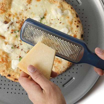 Calphalon Edge Stainless Steel Handheld Grater Lemon Zester W/Cover & Rubber Handle - Navy Blue