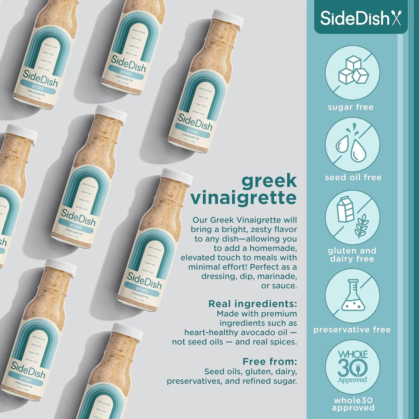 SideDish Classic Ranch Dressing - Seed Oil Free, Dairy Free & Gluten Free Salad Dressing w/Avocado Oil - Sugar Free, Low Sodium Healthy Ranch Dressing - Paleo Dressing for Sauces & More - 8 fl oz