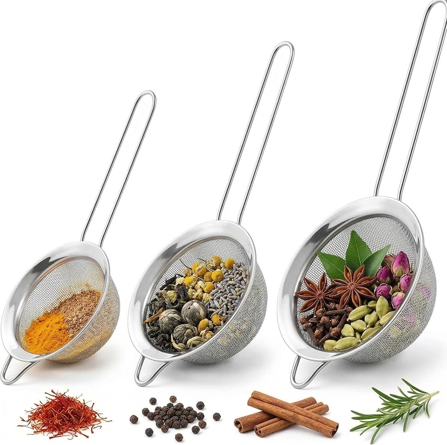 3 Pcs Fine Mesh Strainer, Stainless Steel Strainer With Handle, Small Medium Large Size Strainer Fine Mesh For Baking, Juice, Quinoa, Strainer For Kitchen Sieve Sifters Mesh Strainer Set For Cooking