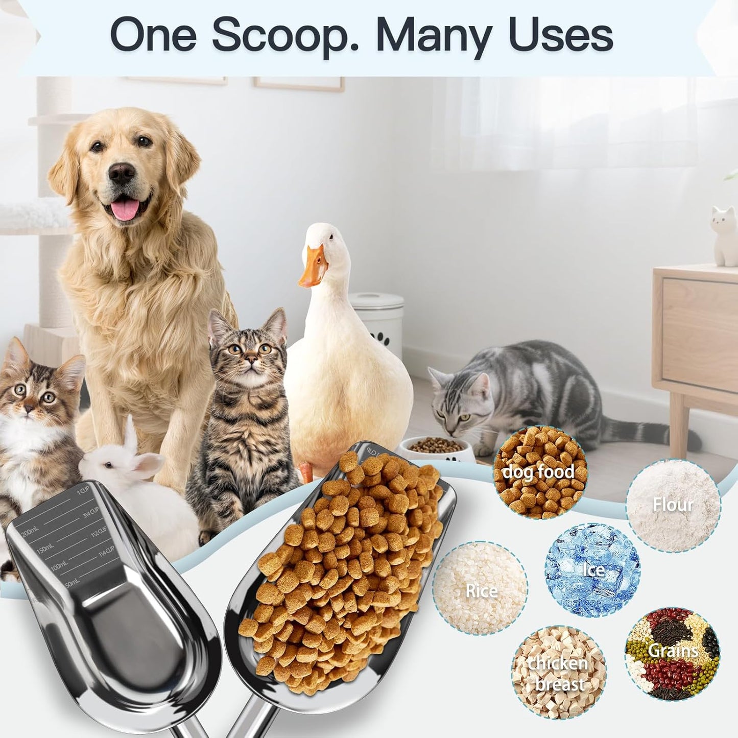 Dog-Cat Food Scoop 3/4 Cup, SSyang Thickened 304 Stainless Steel Pet Food Scoop with Long Handle, Precision Scale, Easy to Clean, Suitable for Wet and Dry Food