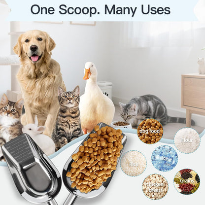 Dog-Cat Food Scoop 3/4 Cup, SSyang Thickened 304 Stainless Steel Pet Food Scoop with Long Handle, Precision Scale, Easy to Clean, Suitable for Wet and Dry Food