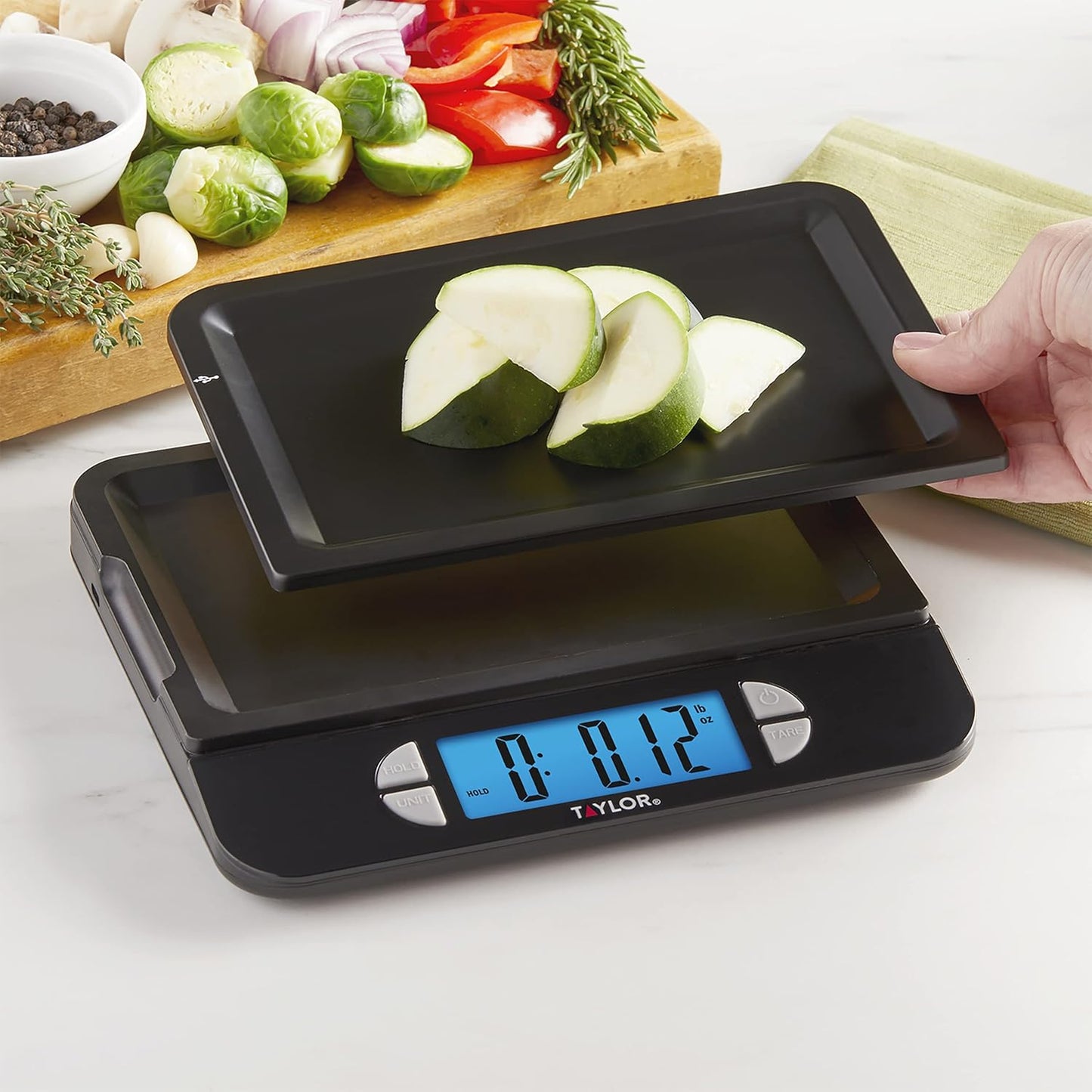 Taylor 22LB High Capacity Kitchen Food Scale with Stainless Steel Surface, Backlit Display, and USB Recharging Cord Included, White