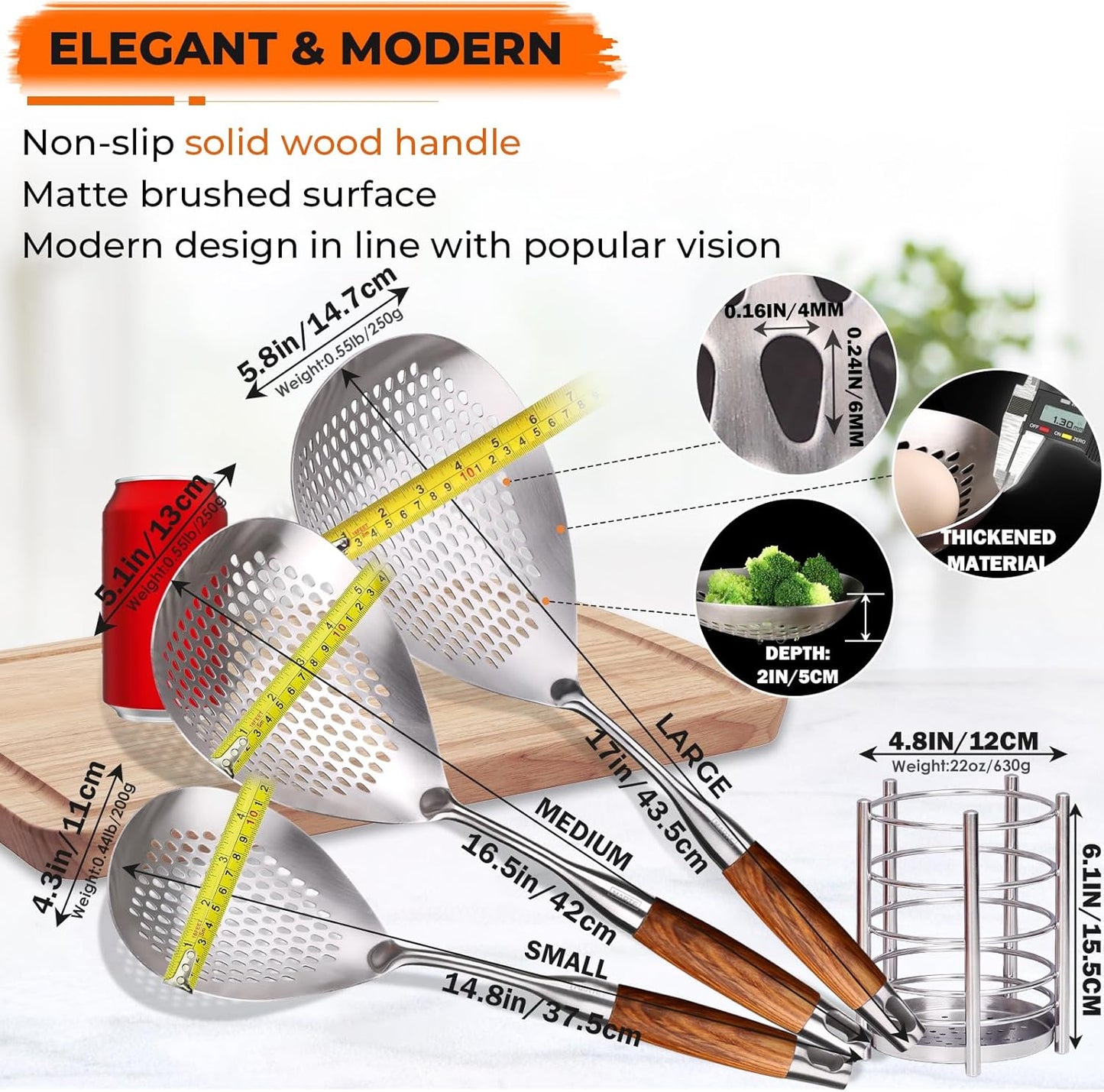 MARTE Skimmer Slotted Spoon Set of 4 - Kitchen Pasta Strainer Spoon - Spider Strainer Skimmer Ladle Spoon with Holder for Cooking and Frying Food, Spaghetti, Vegetable, Dumpling - 14.8In,16.5In,17In