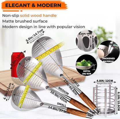 MARTE Skimmer Slotted Spoon Set of 4 - Kitchen Pasta Strainer Spoon - Spider Strainer Skimmer Ladle Spoon with Holder for Cooking and Frying Food, Spaghetti, Vegetable, Dumpling - 14.8In,16.5In,17In