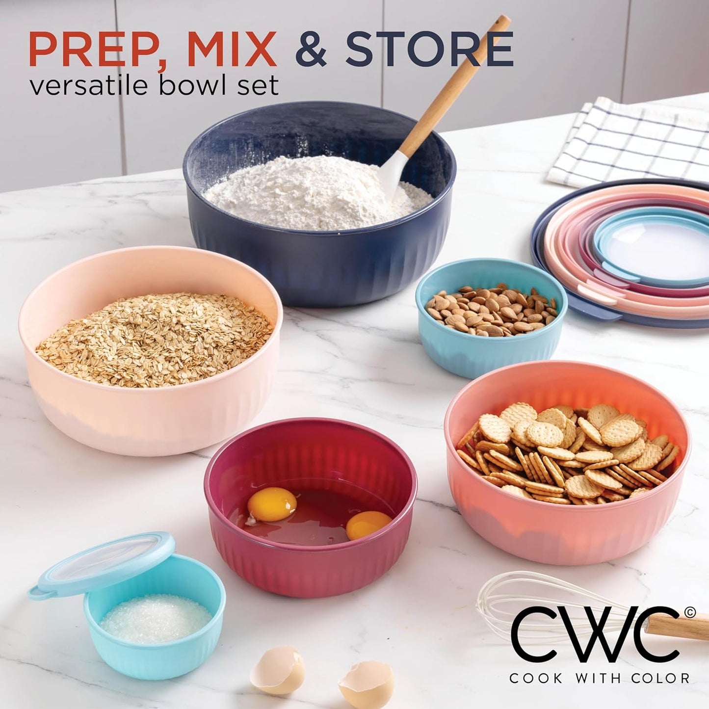 COOK WITH COLOR Prep Bowls with Lids- Wide and Deep Nesting Plastic Small Mixing Bowl Set with Lids, 8 Piece Set - Wide Bowls, Blue