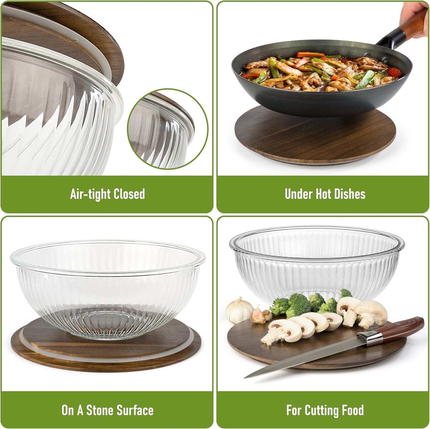 Set of 5 Nesting Glass Bowls with New Updated Acacia Lids for Foodprep, Storage, Mixing & Cooking - Microwave & Oven-ready BPA Free Durable Heat Resistant Inert Borosilicate Glass
