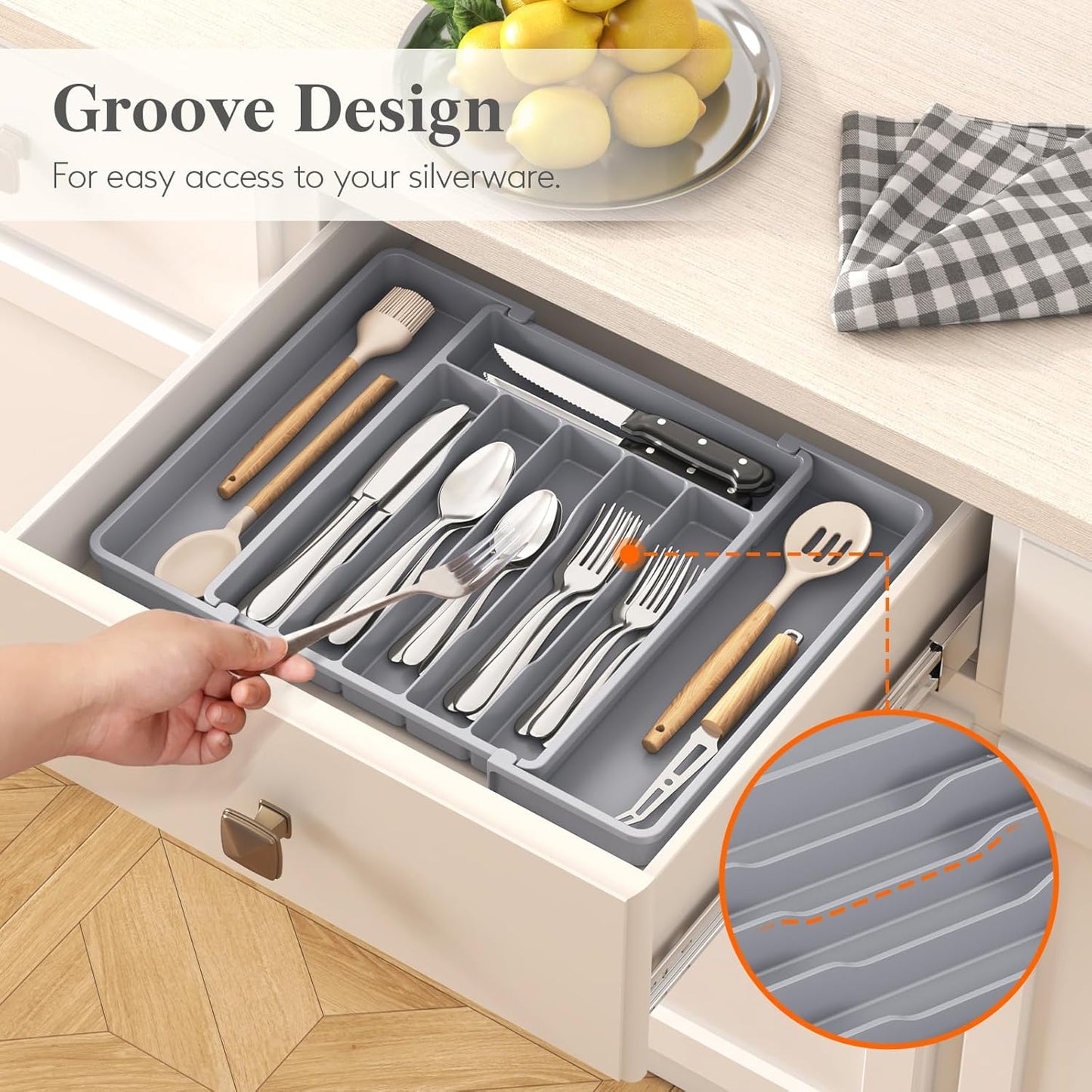 Lifewit Silverware Drawer Organizer, Expandable Utensil Tray for Kitchen, BPA Free Flatware and Cutlery Holder, Adjustable Plastic Storage for Spoons Forks Knives, 11-18 x 14", Black