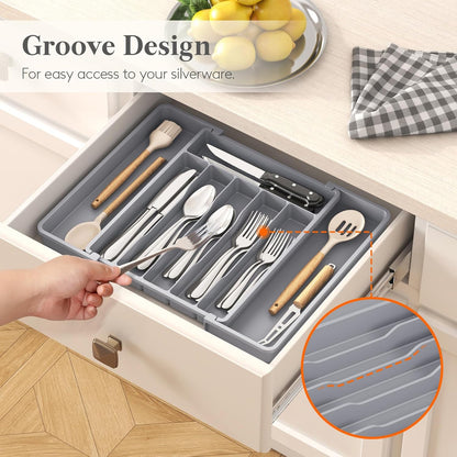 Lifewit Silverware Drawer Organizer, Expandable Utensil Tray for Kitchen, BPA Free Flatware and Cutlery Holder, Adjustable Plastic Storage for Spoons Forks Knives, 11-18 x 14", Black