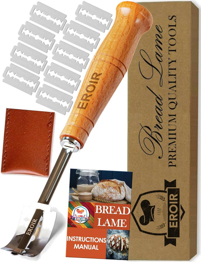 EROIR 13" Danish Dough Whisk Bread Lame Bowl Scraper Set - Dutch Sourdough Whisk Double Eye, Dough Scraper, Bread Scorer with 10 Blades and Leather Cover