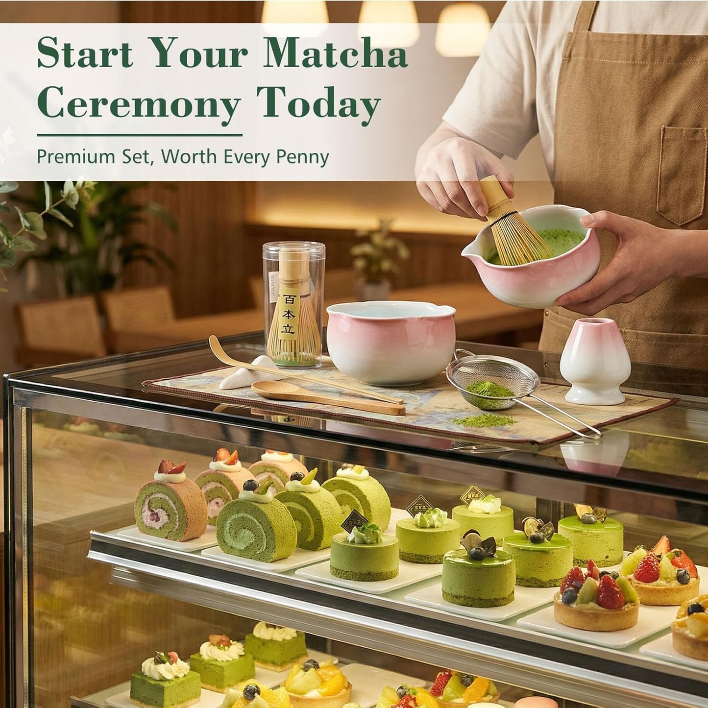 Mint Pink Matcha Whisk & Bowl Set, 8-Piece Complete Matcha Making Kit, Ceremonial Grade Starter Set with Elegant Floral Gift Packaging