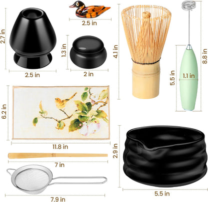 Matcha Whisk Set and Bowl, Matcha Making Kit Whisk, Bowl With Spout, Powder Starter Sifter, Ceramic Whisk Holder, Spoon Japanese Tea Tools For Ceremony Gift (White, 9 Pack)