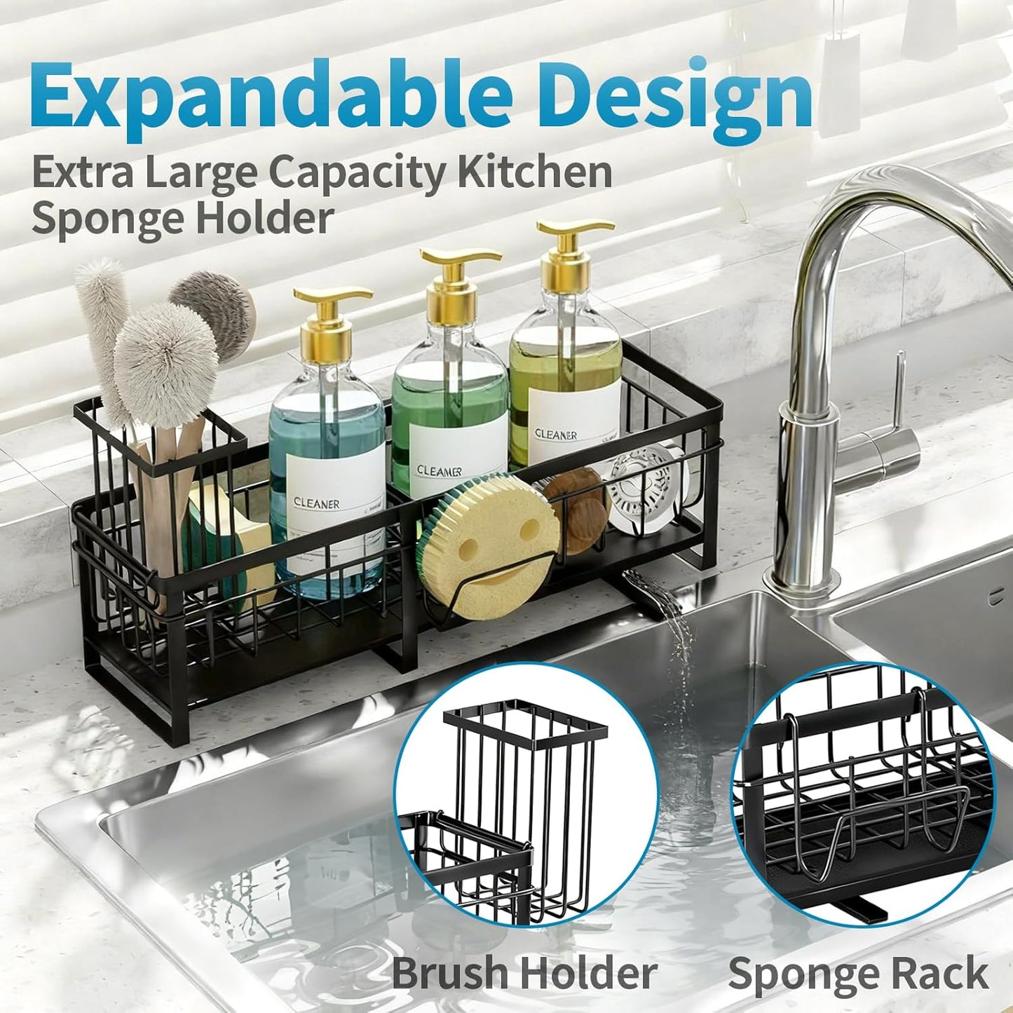 Aurblozen Extra Large Extendable Sponge Holder for Kitchen Sink, Rustproof Sink Caddy Organizer with High Brush Holder, Dish Soap Dispenser Organizers and Storage (Black)