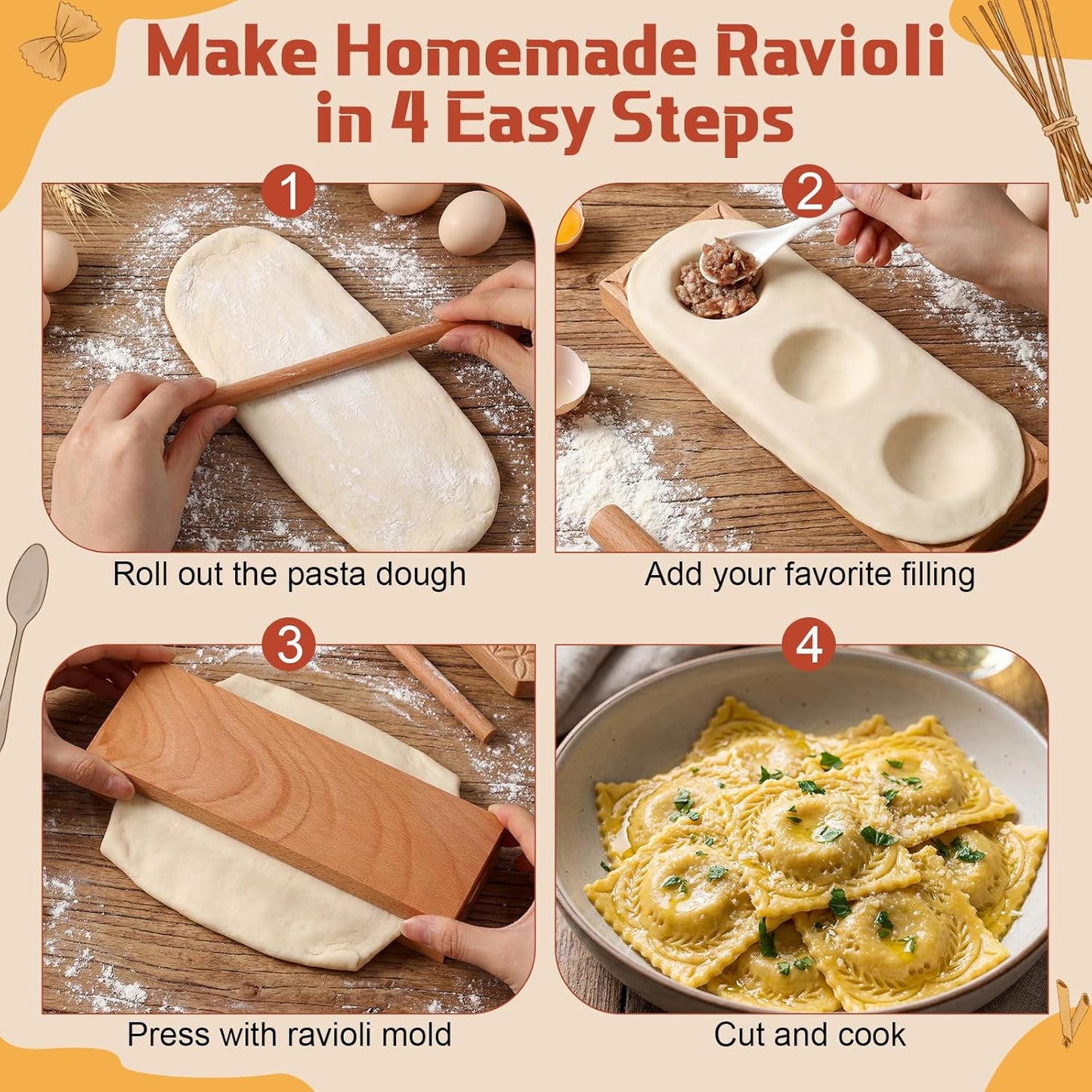 Sliner 7 Pcs Pasta Making Tools Set Ravioli Maker Press Mold Wooden Gnocchi Board Stainless Steel Ravioli Stamp Pasta Cutter Wheel for Home Cooking Kitchen Gift
