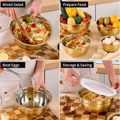 Red Mixing Bowls with Lids Set of 7, Stainless Steel Nesting Bowl with Khaki Lid for Non-slip Mixing Prepping Storing Serving, 7 Sizes-7/3.6/2.7/2.1/1.5/1/0.8 QT