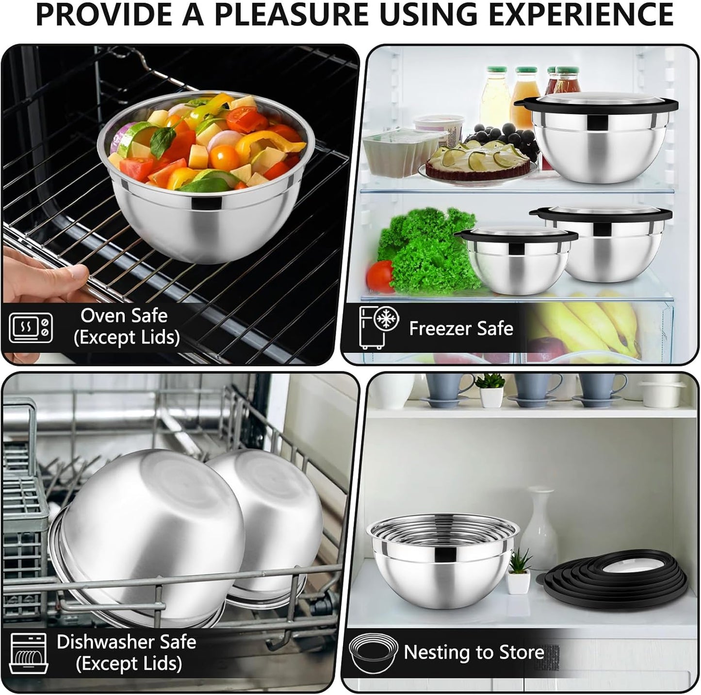 P&P CHEF Mixing Bowl with Lid Set of 7, Stainless Steel Nesting Salad Bowls for Cooking Serving Prepping, Clear Lids & Stackable Design, Size 4.6, 3.5, 3, 2, 1.5, 1, 0.7 Qt - Khaki