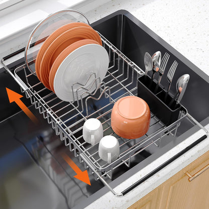 Over the Sink Expandable Dish Drainer Drying Rack In Stainless Steel for Small Kitchen, Counter Space Saving Modern Compact Metal Above Plate Dryer Strainer, Adjustable Hanging Inside Drain Holder