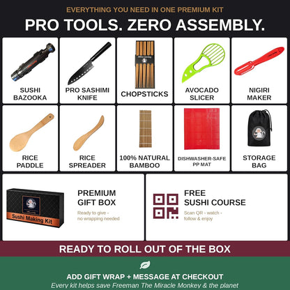 Albino monkey Sushi Making Kit with Pro Sashimi Knife – Roll 10+ Sushi Types – Sushi Bazooka, Bamboo + Dishwasher-Safe Mats, Nigiri Mold & Avocado Slicer Gift Box + Step-by-Step Video Guide