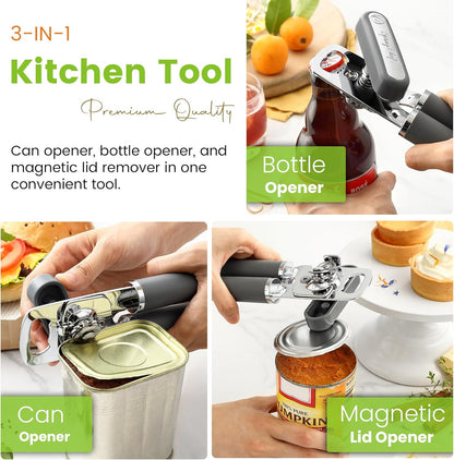 Spring Chef Stainless Steel Can Opener - Manual with Soft Grip Handles, Easy Turn, Heavy Duty Hand Can Openers for Seniors with Smooth Edge - Magnetic Lid Remover - Black