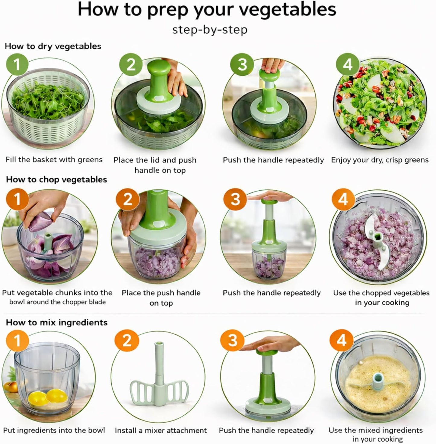 Brieftons Salad Spinner and Chopper: Large 6.3-Quart Lettuce Greens Vegetable Washer Dryer, with Bonus 0.95-Quart Veggie Chopper Mixer, Compact Storage, Easy Push Operation for Quick Veggie Prepping