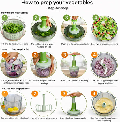 Brieftons Salad Spinner and Chopper: Large 6.3-Quart Lettuce Greens Vegetable Washer Dryer, with Bonus 0.95-Quart Veggie Chopper Mixer, Compact Storage, Easy Push Operation for Quick Veggie Prepping