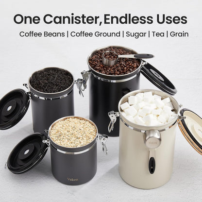 Veken Coffee Canister, Airtight Stainless Steel Kitchen Food Storage Container with Date Tracker and Scoop for Beans, Grounds, Tea, Flour, Cereal, Sugar, Cookie, 16OZ, Cream