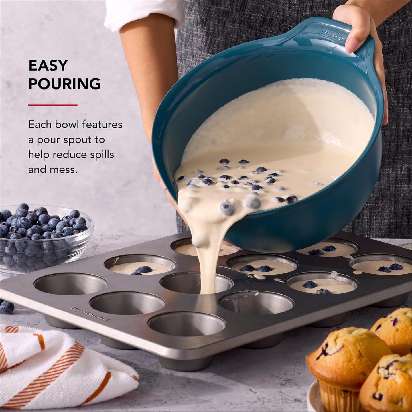KitchenAid Universal Nesting Plastic Mixing Bowls, Set Of 3, 2.5 quart, 3.5 quart, 4.5 quart, Non Slip Base with Easy Pour Spout to Reduce Mess, Dishwasher Safe, Aqua Sky, White, Gray