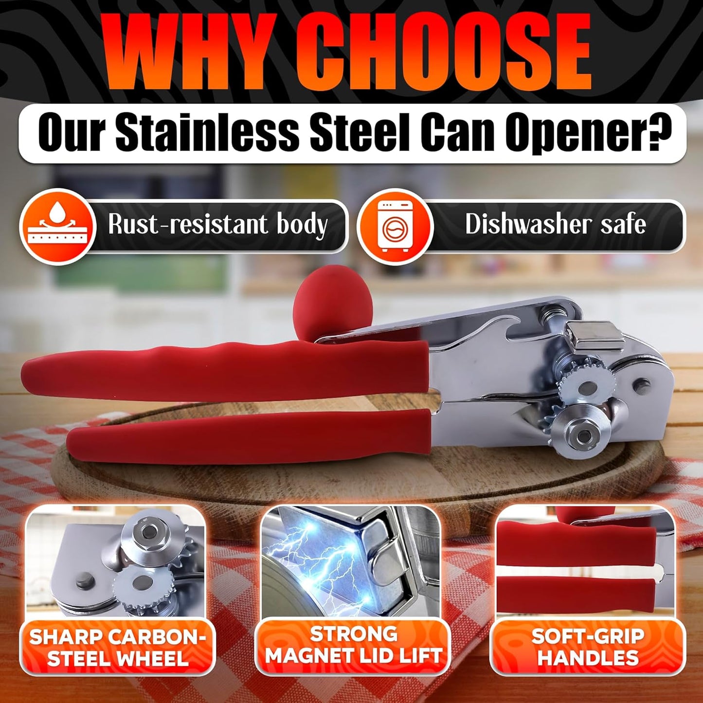 Heavy Duty Commercial Can Opener – Stainless Steel Can Opener for Large & Small Cans, Manual 360° Smooth Crank with Ergonomic Long Handles, Non-Slip Grip, 2-in-1 Bottle Opener for Restaurants & Home