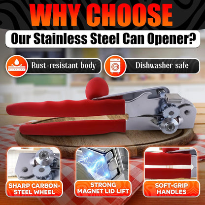 Heavy Duty Commercial Can Opener – Stainless Steel Can Opener for Large & Small Cans, Manual 360° Smooth Crank with Ergonomic Long Handles, Non-Slip Grip, 2-in-1 Bottle Opener for Restaurants & Home
