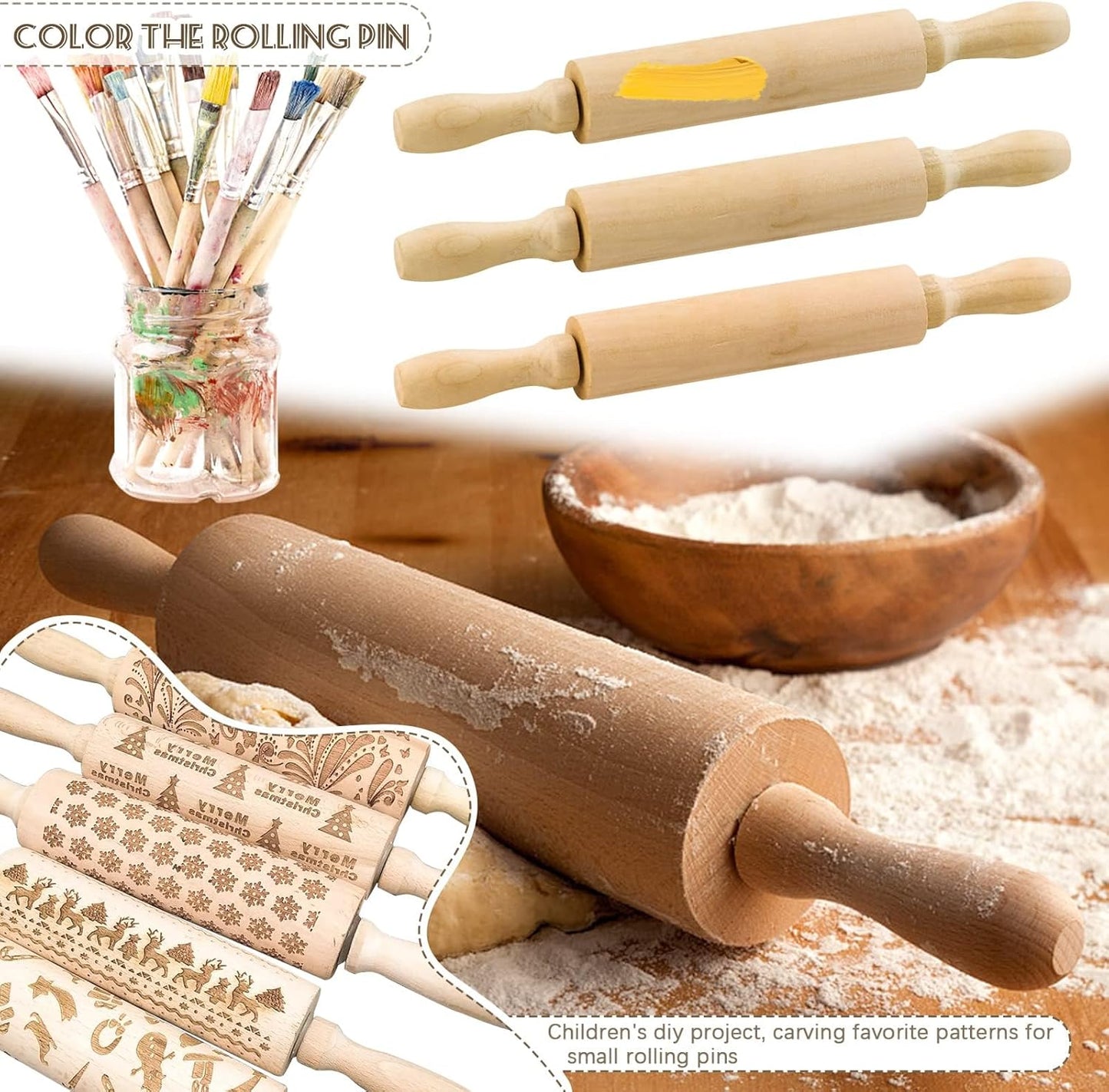 6 Pack 8 Inch Mini Wood Rolling Pin,Great for Children Kids Girls and Boys,Small Wooden Rollers for Art and Crafting,Baking,Cookie Dough,Cooking,Clay,Play Doh
