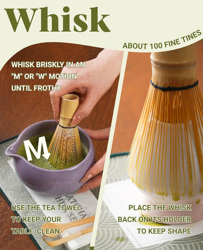 Onebttl Matcha Whisk Set Gifts, 8 Pcs Ceramic Matcha Kit Set Includes Matcha Bowl, Matcha Whisk and Holder, Bamboo Spoon and Scoop, Scoop Rest, Sifter and Tea Towel - Sunflower