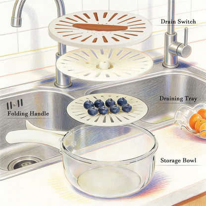 2026 New Draining Basket with Lid, Fruit Drainer Container with Handle, 2 in 1 Multi-function Drain Basket, For Rinsing Straining Vegetable Washing Fruit Portable Storage Container (Brown)