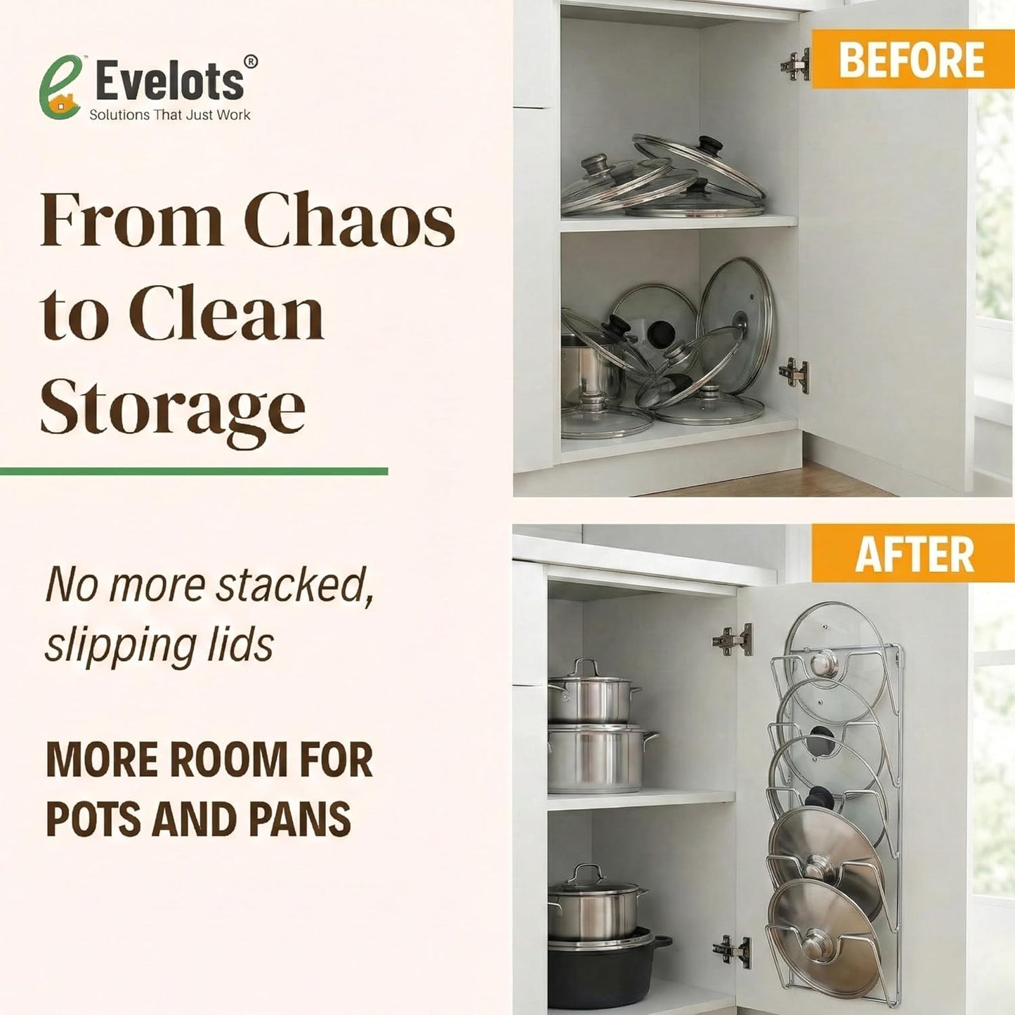 Evelots 6 Pot Lid Organizer for Cabinet Door or Pantry Wall - Closet Door Pots and Pans Lids Holder - Glass or Metal Pan Covers Cabinet Organizer Kitchen Storage - White 6 Tier Lid Rack