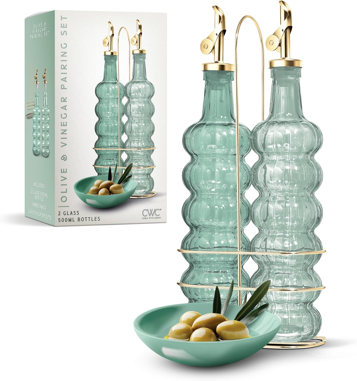 COOK WITH COLOR Glass Olive Oil Bottle Dispenser - 2 Pack- 17oz Oil and Vinegar Cruet - Olive Oil Carafe Decanter for Kitchen, Elegant Waves, Clear
