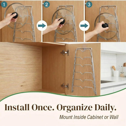 Evelots 6 Pot Lid Organizer for Cabinet Door or Pantry Wall - Closet Door Pots and Pans Lids Holder - Glass or Metal Pan Covers Cabinet Organizer Kitchen Storage - White 6 Tier Lid Rack