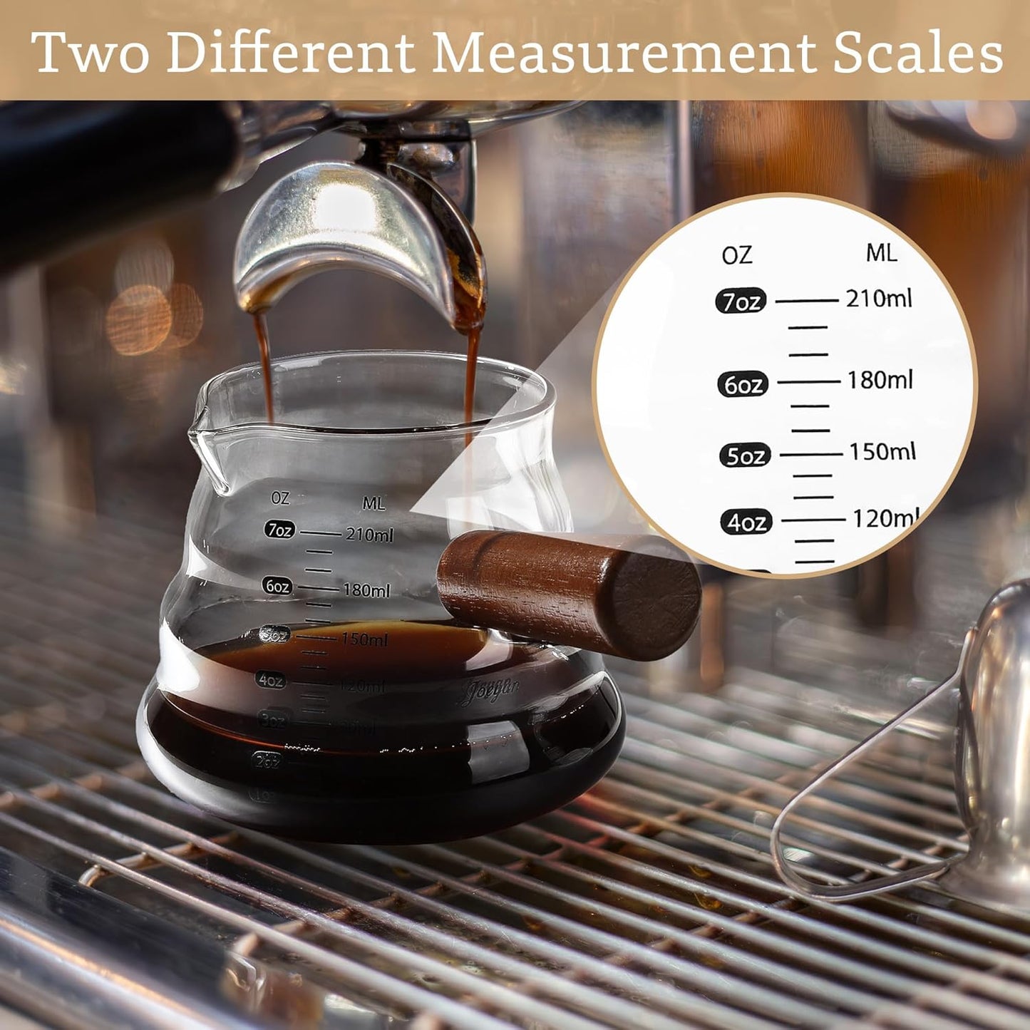 Joeyan 7 oz Glass Measuring Cup, Espresso Shot Glasses with Spout and Wooden Handle, Clear Milk Frothing Pitcher, Wave Shaped Borosilicate Espresso Bar Accessories for Coffee