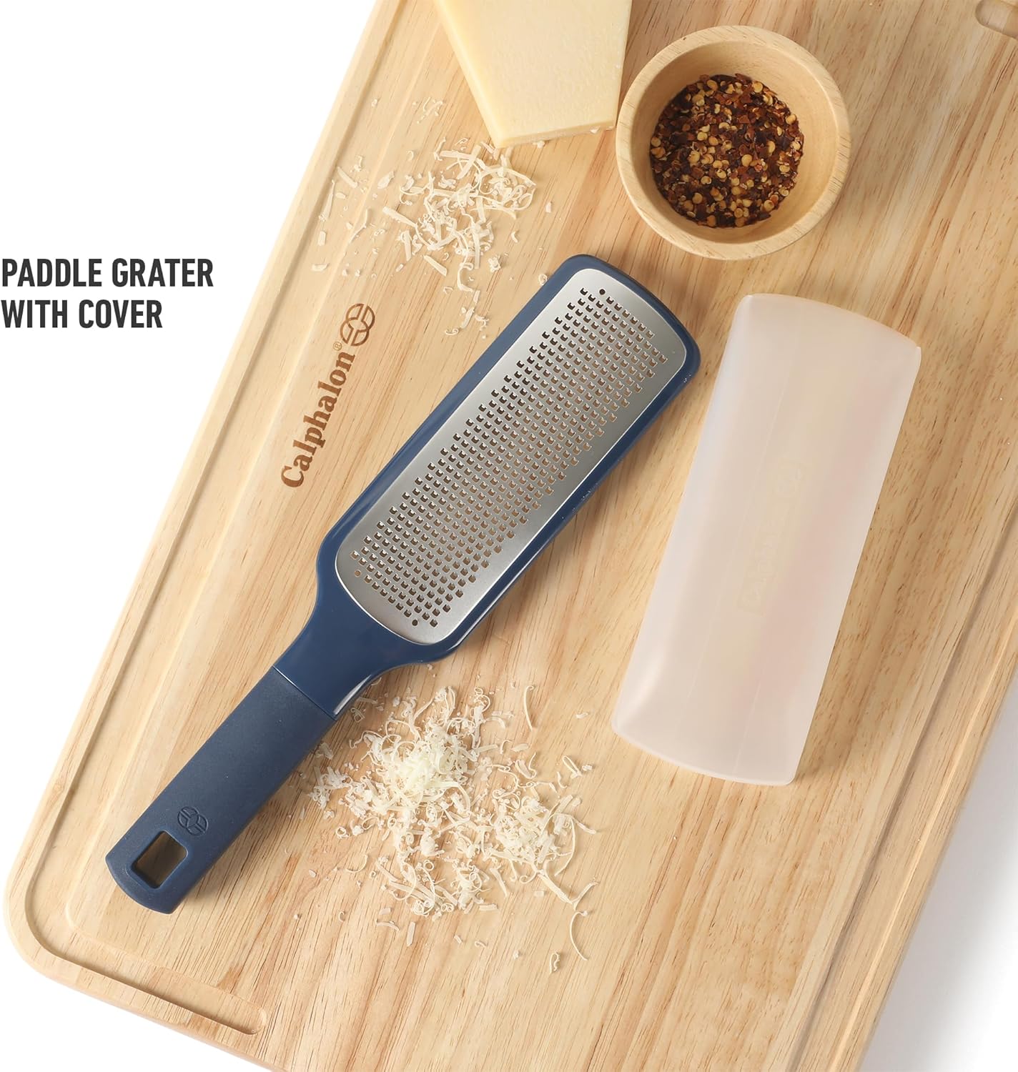 Calphalon Prime Stainless Steel Handheld Grater Lemon Zester W/Cover & Rubber Handle - Navy Blue
