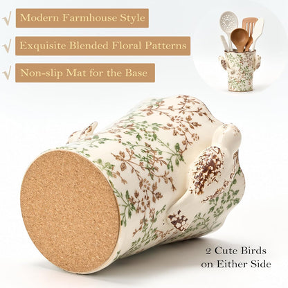 Utensil Holder for Kitchen Counter, Modern Farmhouse Rustic Cooking Utensil Holder and Crock, Exquisite Chinoiserie Floral Ceramic Utensil Organizer for Home Kitchen Decor- Green and Beige