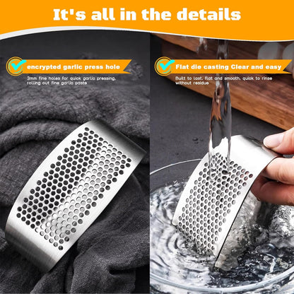 Garlic Press Rocker Heavy Duty Stainless Steel Garlic Mincer Garlic Crusher Garlic Chopper with Peeler And Scraper for Smash Garlic Built-in Bottle Opener