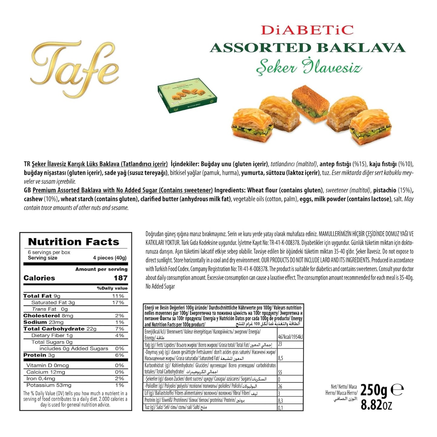 Tafe Sugar Free Assorted Baklava Gift Box - No Added Sugar Diabetic Friendly Snacks - Premium Turkish Pastry with Pistachio & Cashew - Authentic Mediterranean Dessert - 8.82 oz (250g)