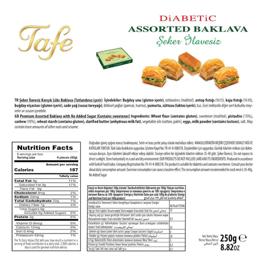 Tafe Sugar Free Assorted Baklava Gift Box - No Added Sugar Diabetic Friendly Snacks - Premium Turkish Pastry with Pistachio & Cashew - Authentic Mediterranean Dessert - 8.82 oz (250g)