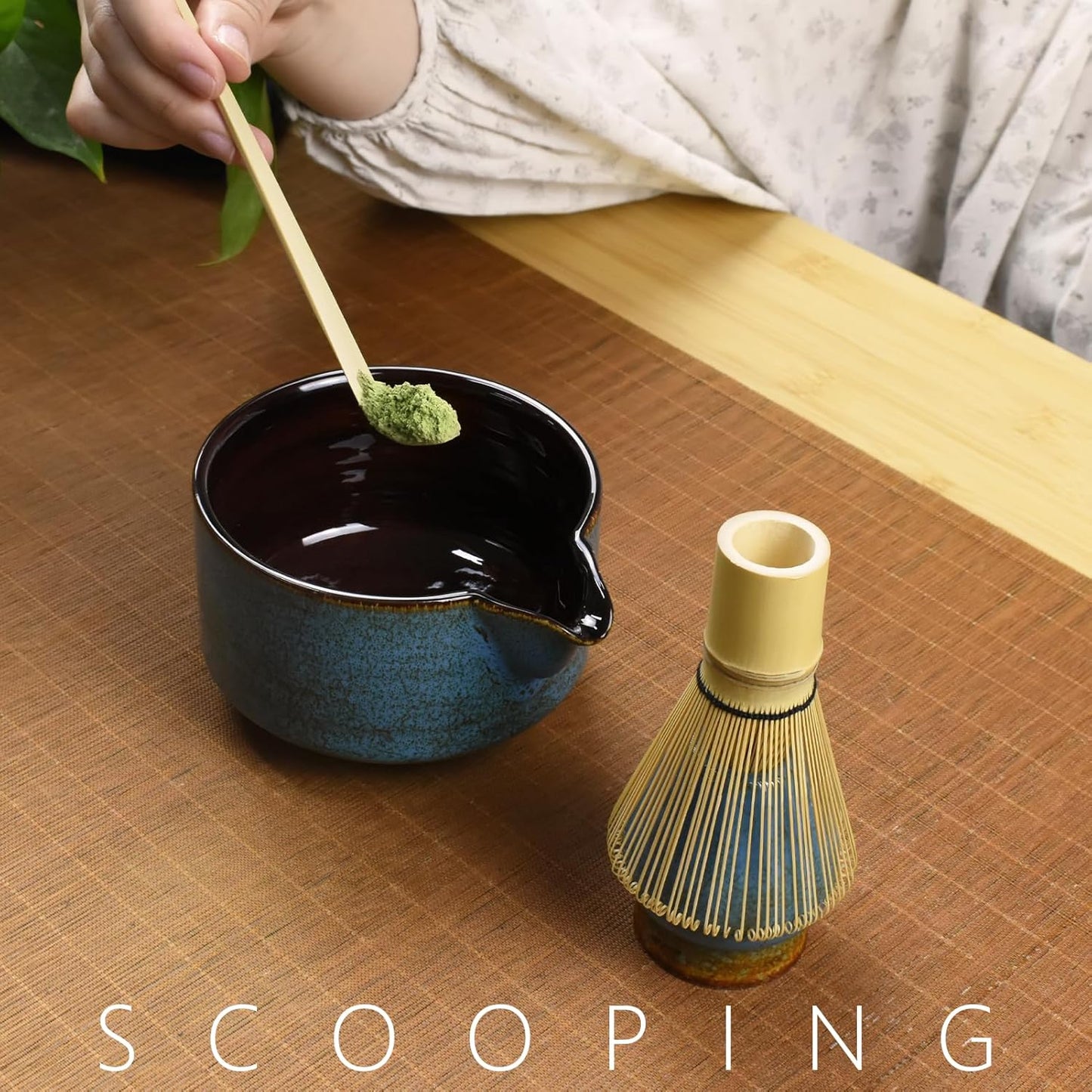 Artcome 4 Pcs Complete Matcha Ceremony Kit - Japanese Bowl With Pouring Spout, Whisk, Holder, Scoop - Tea Set for Making Usucha, Koicha and Latte (Green)