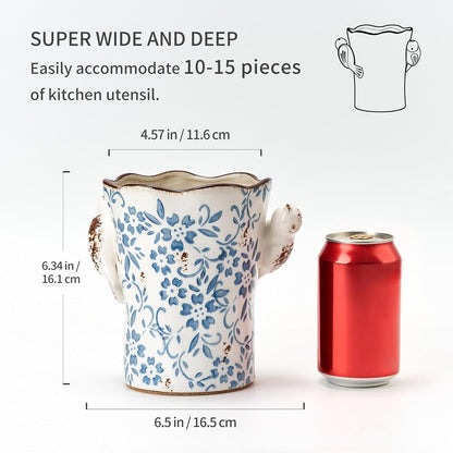 Utensil Holder for Kitchen Counter, Modern Farmhouse Rustic Cooking Utensil Holder and Crock, Exquisite Chinoiserie Floral Ceramic Utensil Organizer for Home Kitchen Decor- Green and Beige