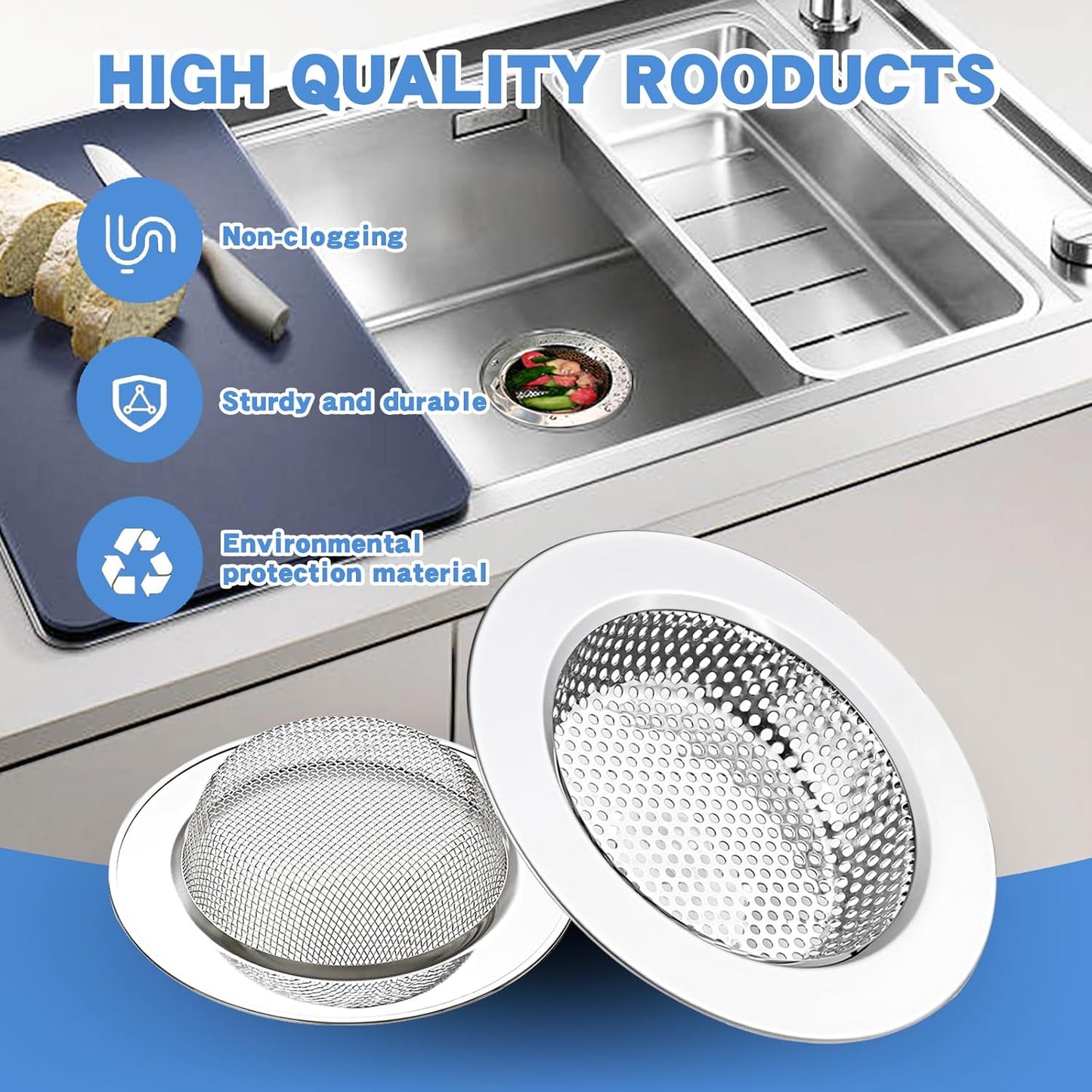 RQYEKDO Kitchen Sink Strainer Stainless Steel with Coarse Mesh4.4 Wide Rim Drain Strainer |Fits Standard Sinks & GarbageDisposals(Silver)(2pcCoarse & Fine Mesh)